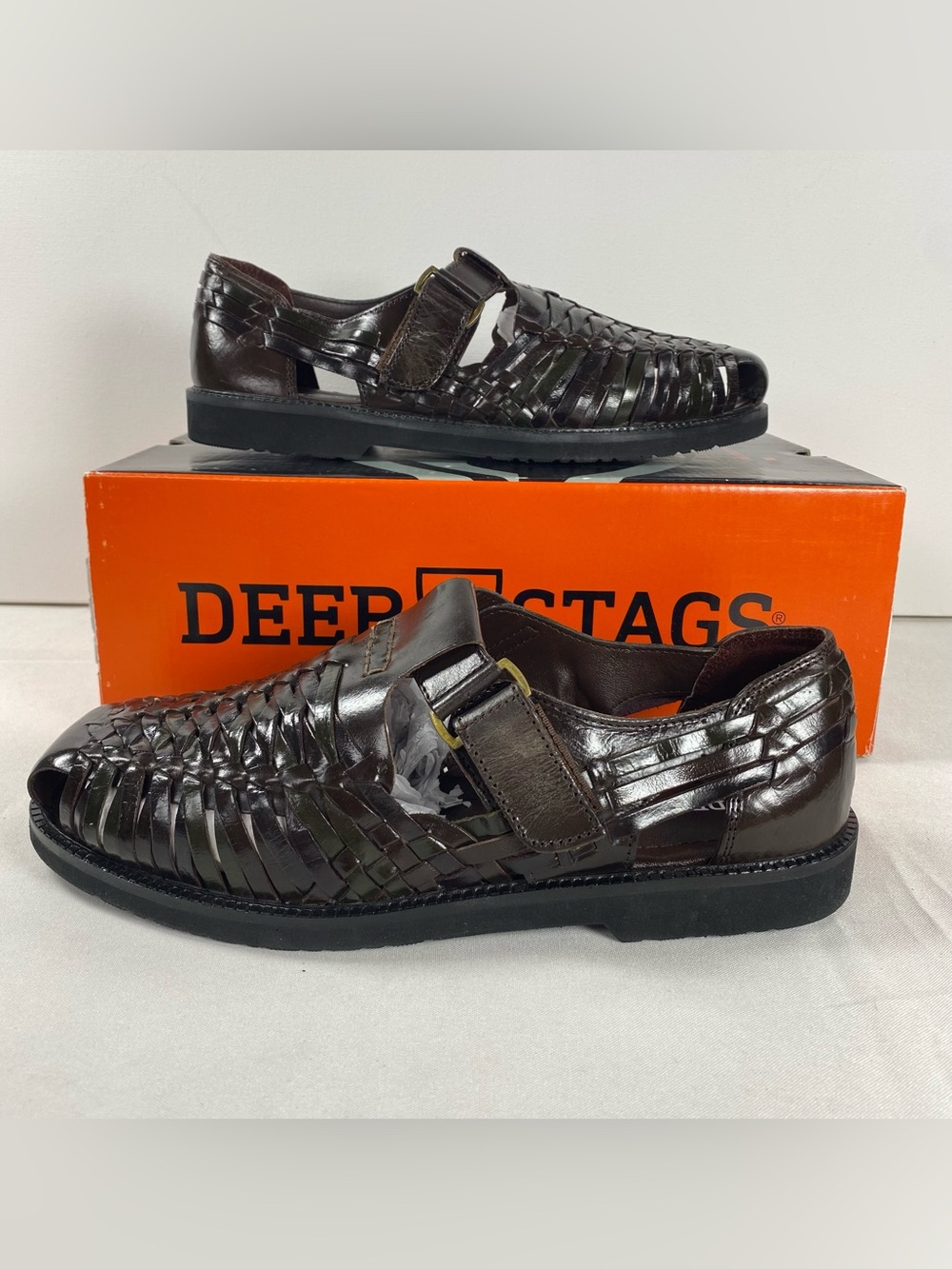 Deer Stags Bamboo 2 Mens 8.5 M Brwn/Black Woven Leather Adjustable Strap Loafers
